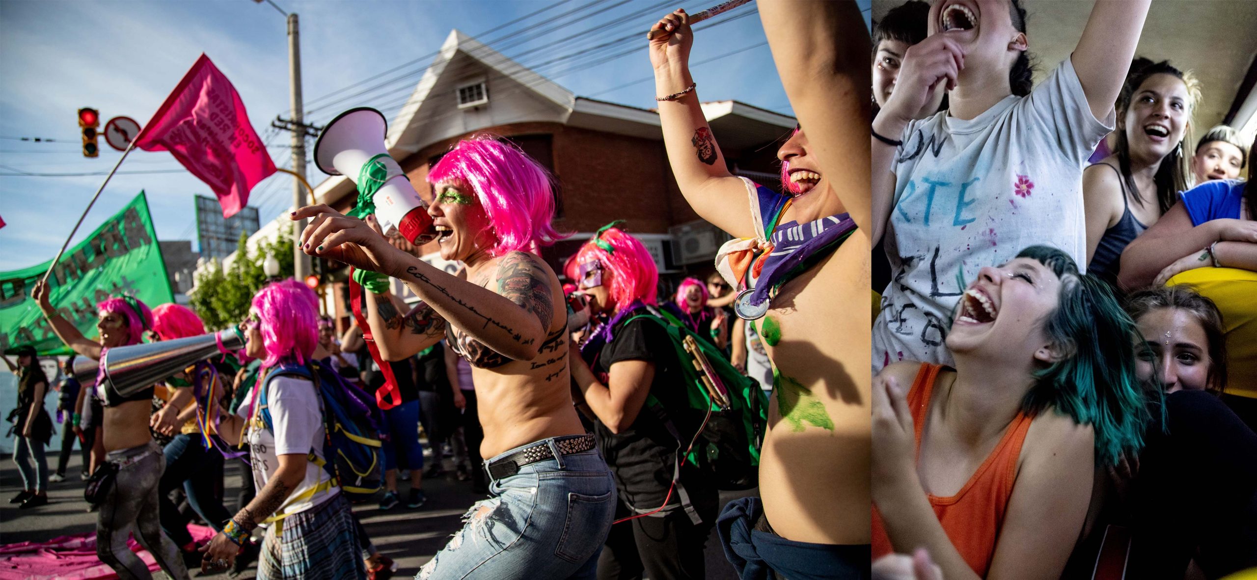 Two images side-by-side of women celebrating the right to abortion passing into law in Argentina